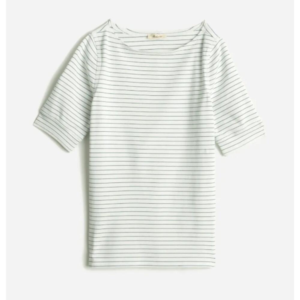 Madewell Ribbed Boatneck Tee Sz XS White Blue Striped Stretch Slim Fit Side Slit